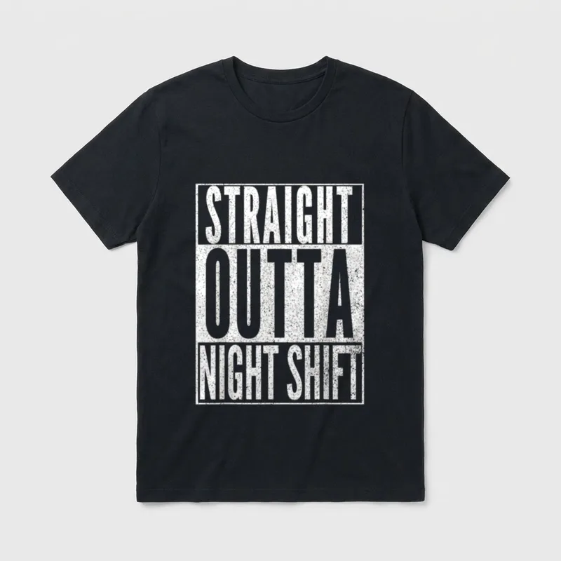 Funny Nurse RN T-Shirt – STRAIGHT OUTTA NIGHT SHIFT in a distressed three-tier frame – Classic T-Shirt in Black