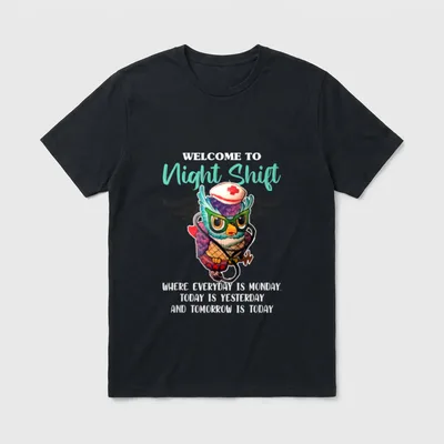 Nurse Owls Lover T-Shirt – Cartoon owl with nurse cap, stethoscope, and night shift quote – Classic T-Shirt in Black