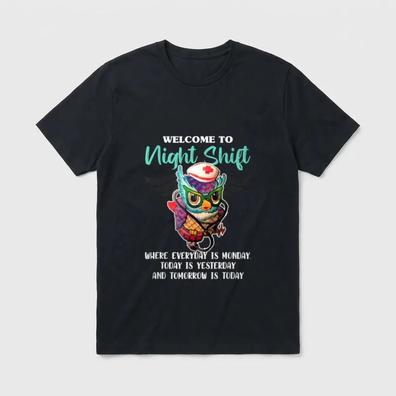 Nurse Owls Lover T-Shirt – Cartoon owl with nurse cap, stethoscope, and night shift quote – Classic T-Shirt in Black