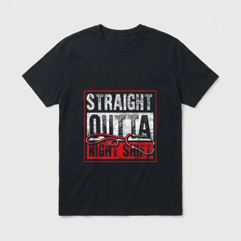 Night Shift Funny Nurse T-Shirt – Straight Outta Night Shift text with stethoscope – Classic T-Shirt in Black