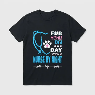 Fur Mama by Day Nurse Night T-Shirt – Stethoscope heart paw prints and pulse line lettering – Classic T-Shirt in Black