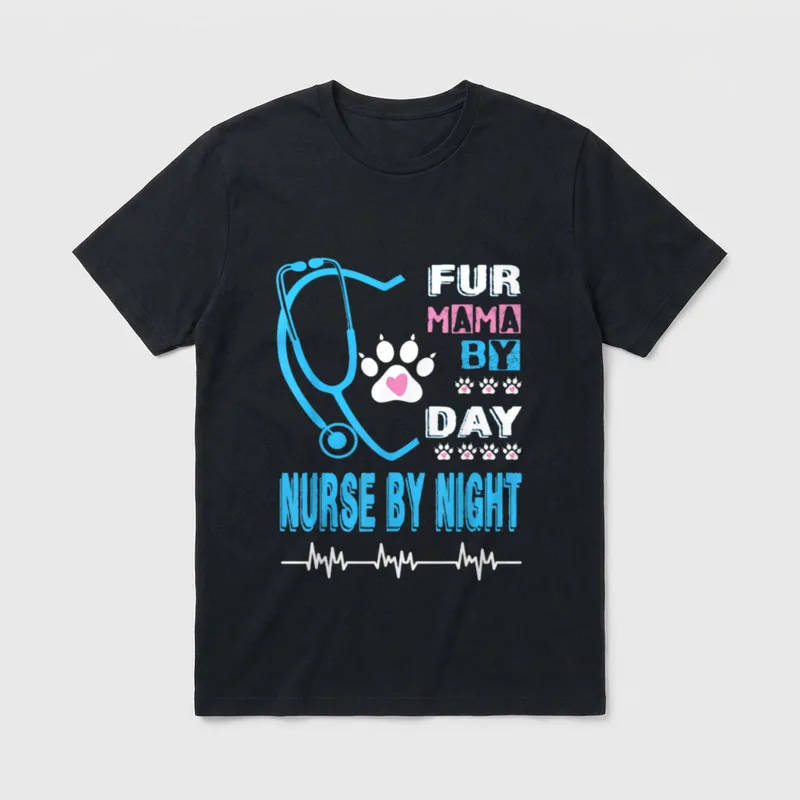 Fur Mama by Day Nurse Night T-Shirt – Stethoscope heart paw prints and pulse line lettering – Classic T-Shirt in Black