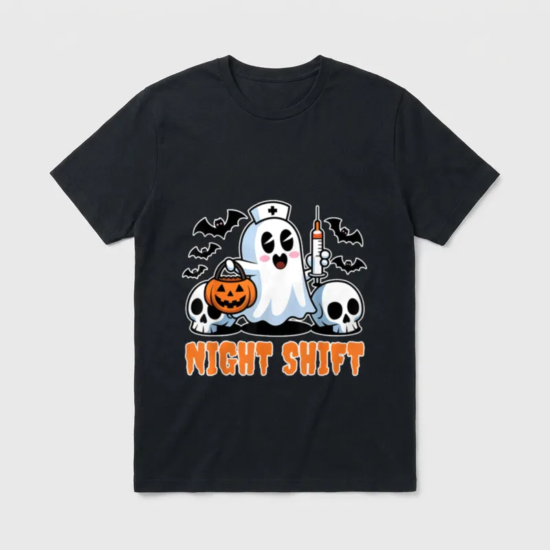 Halloween Lightweight T-Shirt – Ghost nurse holding a syringe and pumpkin above Night Shift text – Classic T-Shirt in Black