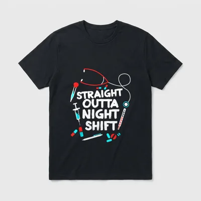Nurse NightShift T-Shirt – Straight Outta Night Shift text with stethoscope, syringe, and pills – Classic T-Shirt in Black