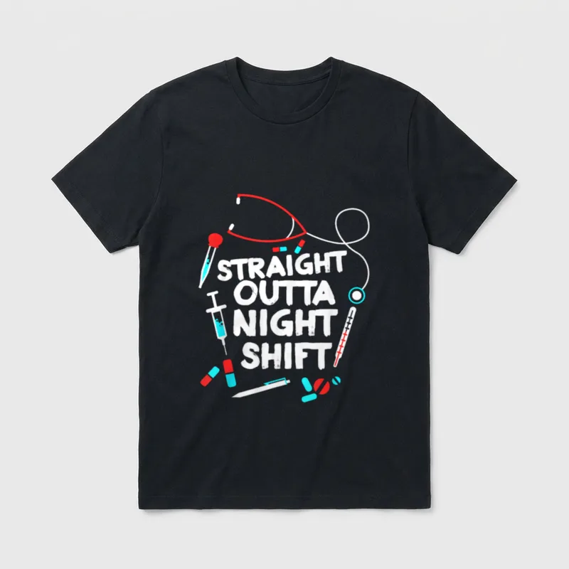 Nurse NightShift T-Shirt – Straight Outta Night Shift text with stethoscope, syringe, and pills – Classic T-Shirt in Black