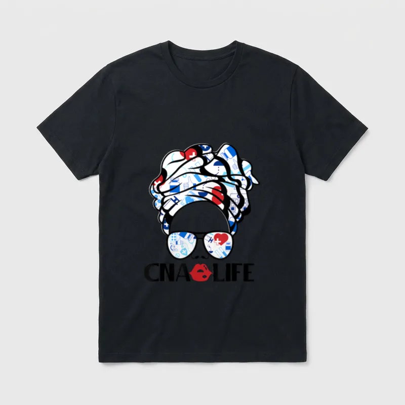 CNA Life Night Shifts Nurse Mom T-Shirt – CNA LIFE lettering with medical headwrap and sunglasses – Classic T-Shirt in Black