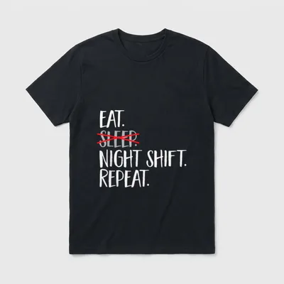 Night Shift Nurse Overnight T-Shirt – Eat, sleep crossed out in red, night shift, repeat lettering – Classic T-Shirt in Black