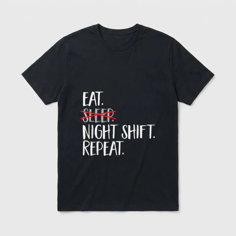 Night Shift Nurse Overnight T-Shirt – Eat, sleep crossed out in red, night shift, repeat lettering – Classic T-Shirt in Black