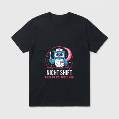Night Shift Nurse Owl RN RT T-Shirt – Cartoon owl wearing a nurse cap with coffee mug and syringe – Classic T-Shirt in Black