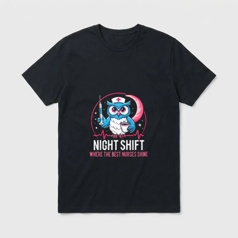 Night Shift Nurse Owl RN RT T-Shirt – Cartoon owl wearing a nurse cap with coffee mug and syringe – Classic T-Shirt in Black