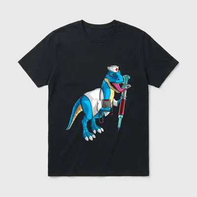 Dinosaur Nurse T-Shirt – Blue dinosaur in a white nurse cap and coat holding a giant syringe – Classic T-Shirt in Black