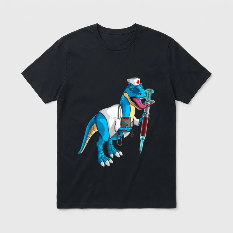 Dinosaur Nurse T-Shirt – Blue dinosaur in a white nurse cap and coat holding a giant syringe – Classic T-Shirt in Black