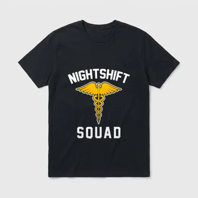 Night Shift Squad Nurse Great T-Shirt – Golden caduceus symbol with NIGHTSHIFT SQUAD lettering – Classic T-Shirt in Black