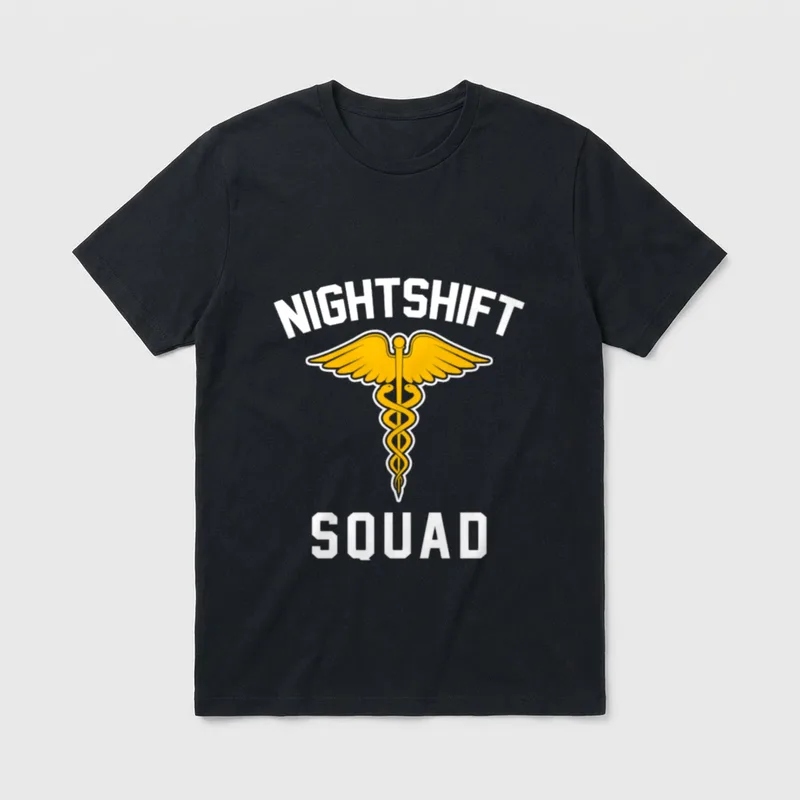 Night Shift Squad Nurse Great T-Shirt – Golden caduceus symbol with NIGHTSHIFT SQUAD lettering – Classic T-Shirt in Black