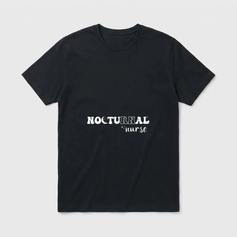 Nocturnal RN Night Shift Nurse T-Shirt – NOCTURNAL nurse text with crescent moon and stars – Classic T-Shirt in Black