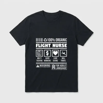 Flight Nurse Ingredients T-Shirt – “FLIGHT NURSE” label with transport icons and advisory tags – Classic T-Shirt in Black