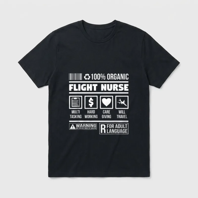 Flight Nurse Ingredients T-Shirt – “FLIGHT NURSE” label with transport icons and advisory tags – Classic T-Shirt in Black