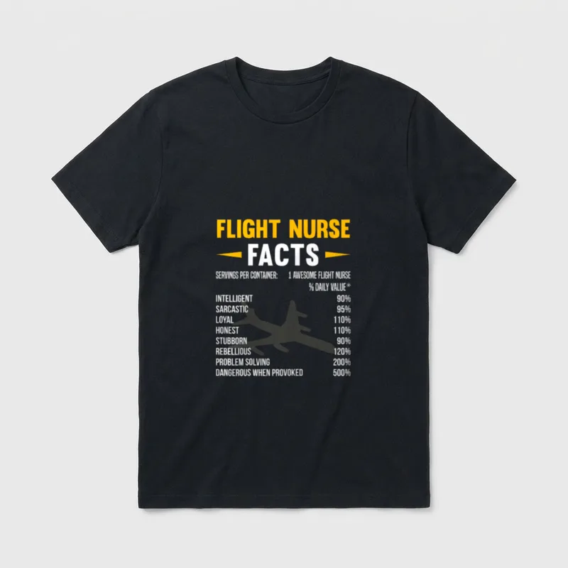 Flight Nurse Facts T-Shirt – Nutrition facts label with traits and an airplane silhouette – Classic T-Shirt in Black