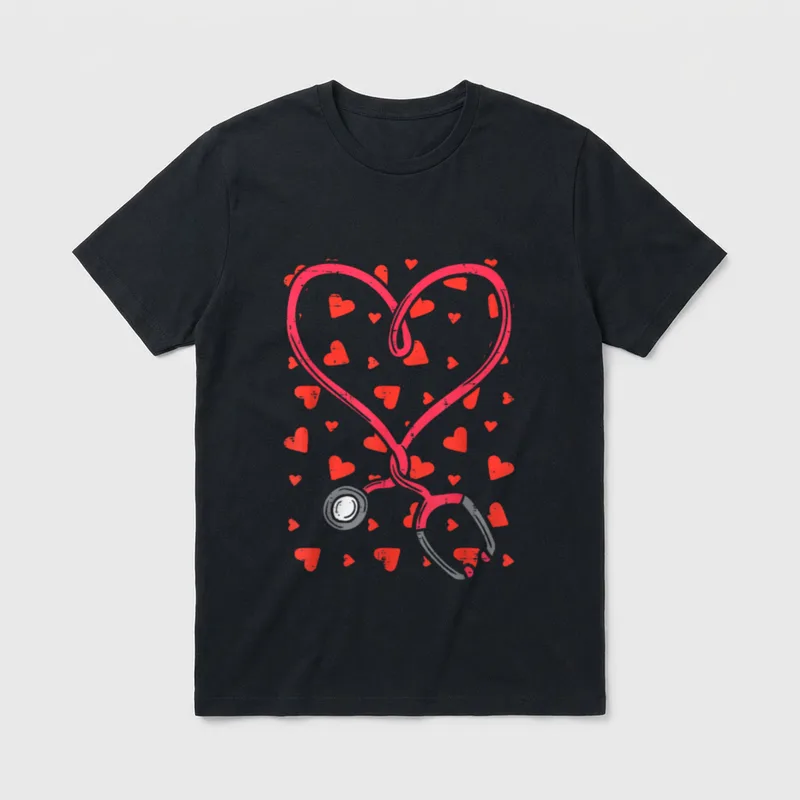 Valentines Day Nurse Heart T-Shirt – Heart-shaped stethoscope with scattered floating mini hearts – Classic T-Shirt in Black