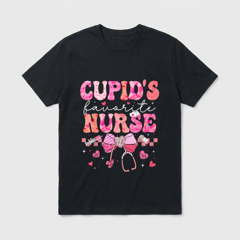 Valentines Day Cupid’s Favorite Nurse Heart T-Shirt – Classic T-Shirt in Black