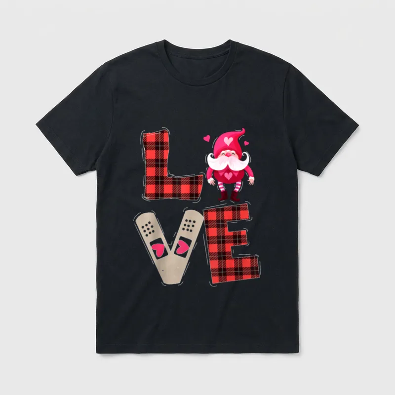 Buffalo Plaid Gnome Love Nurselife Valentine T-Shirt – Classic T-Shirt in Black