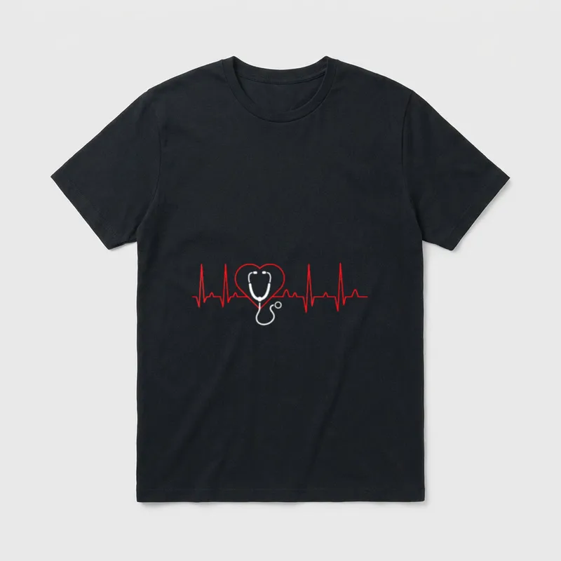 Stethoscope Heartbeat Nursing Perfect T-Shirt – Red heart pulse line with white stethoscope – Classic T-Shirt in Black