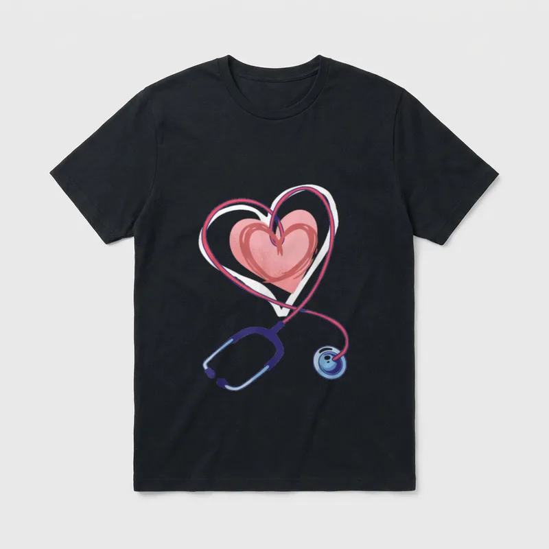Stethoscope Heart T-Shirt – Stethoscope tubing forming layered pink and white hearts – Classic T-Shirt in Black