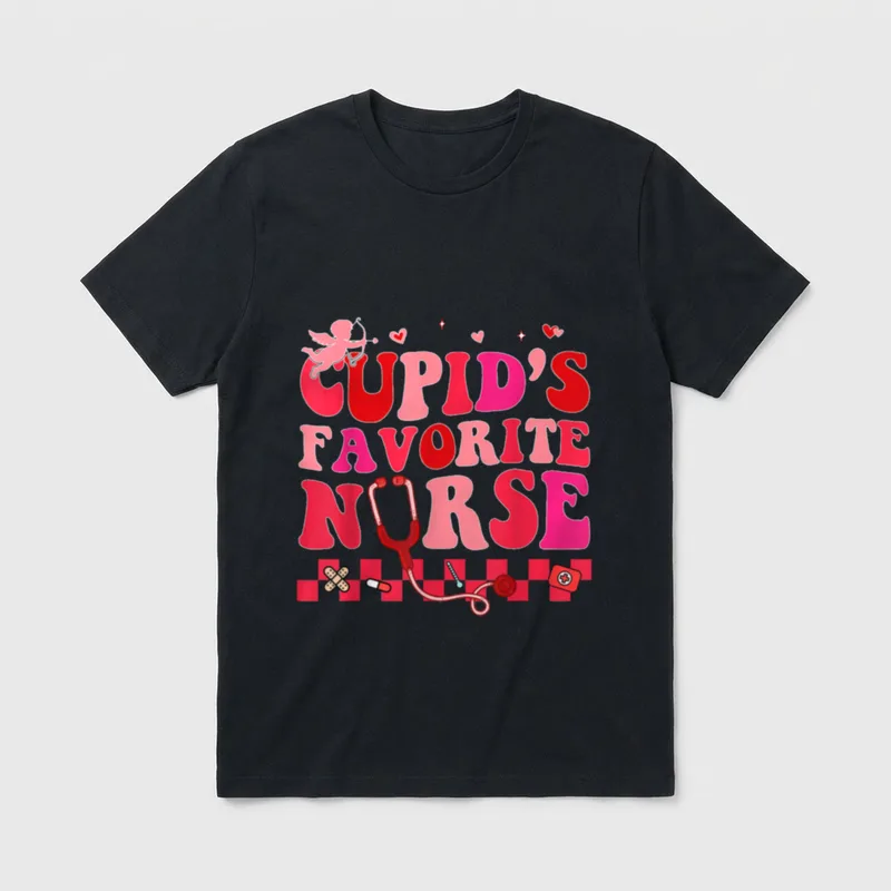 Groovy Valentines Day Cupids Favorite Nurse T-Shirt – Classic T-Shirt in Black